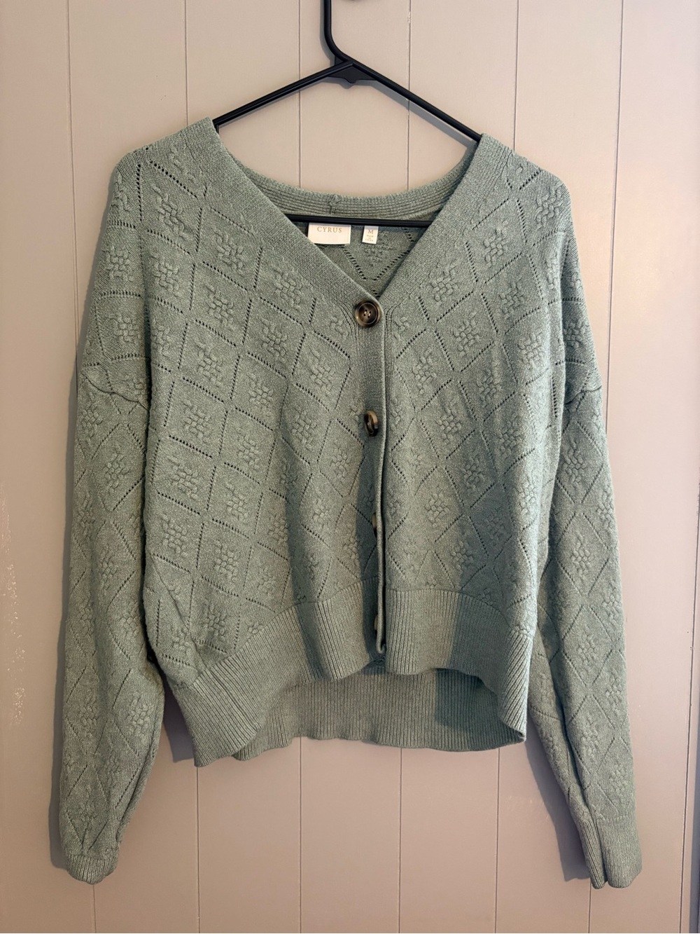 Cyrus Mint Green Diamond-Knit Button Cardigan